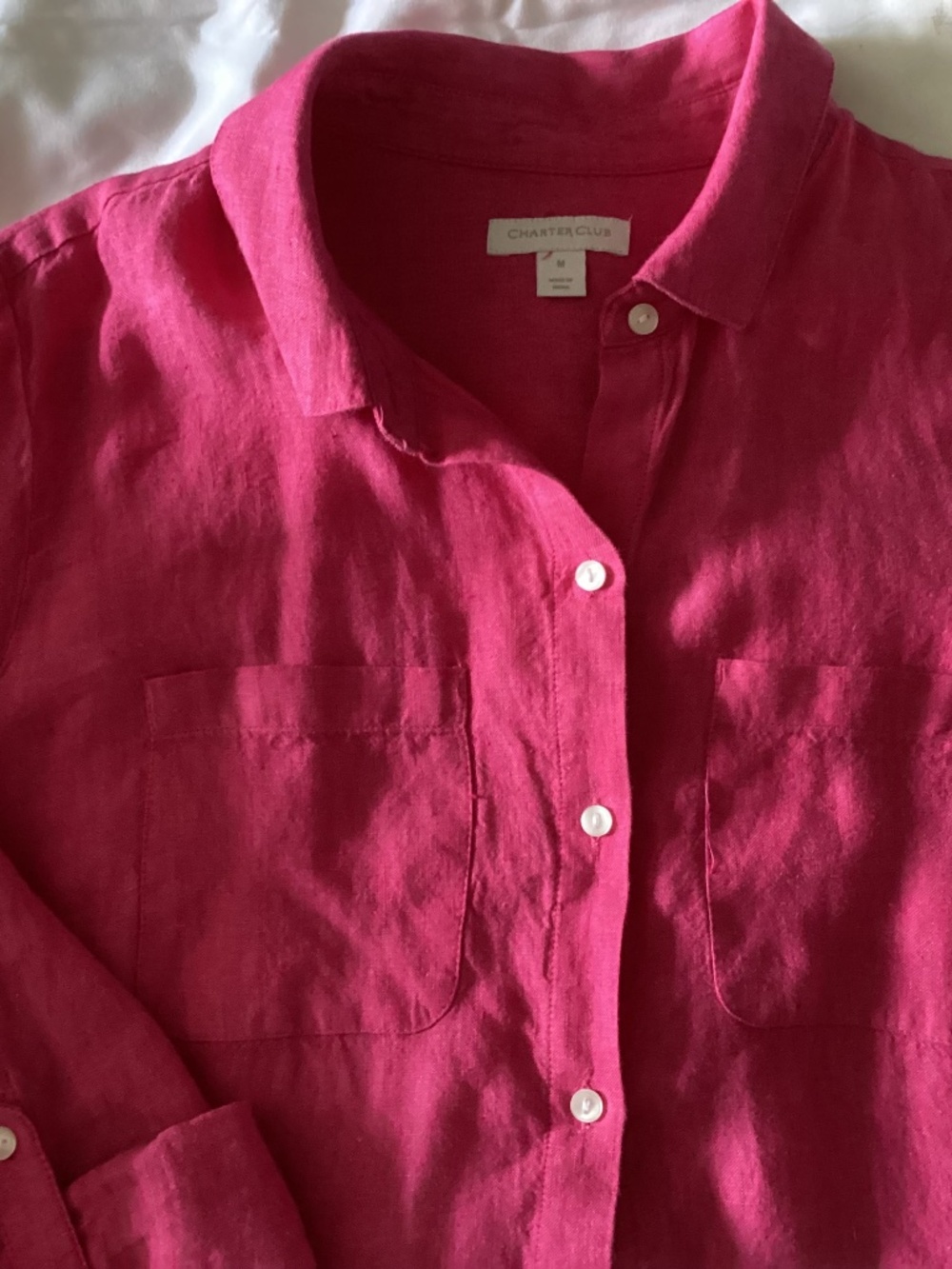 Ladies 100% Linen Charter Club Button Up Shirt with Roll Up Sleeves Pink Medium